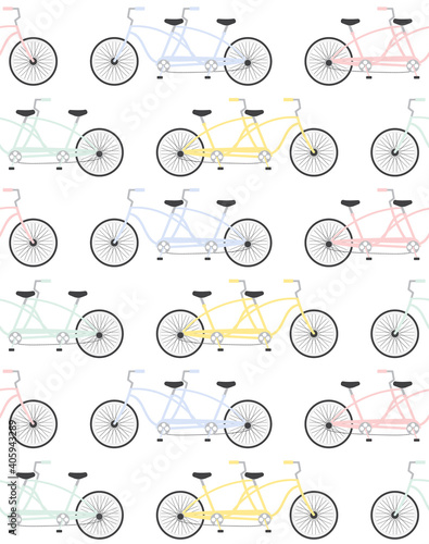 Vector seamless pattern of different color flat cartoon double pair bicycle isolated on white background