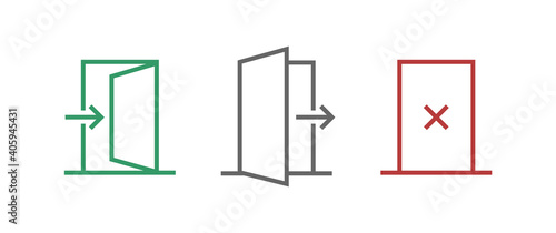 Open / Close door line icon set. Login, logout, register, password, vip entrance, key, lock  or exit vector illustrations. 