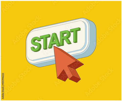 Colorful Isometric start buy button. Mouse pointer arrow clicked or cursor click line art icon for apps and websites. Perspective illustration for your web page. Vector, eps