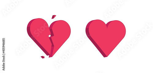 Red heartbreak, broken heart, or divorce vector icon. Isometric, three dimensions illustration for apps and websites.