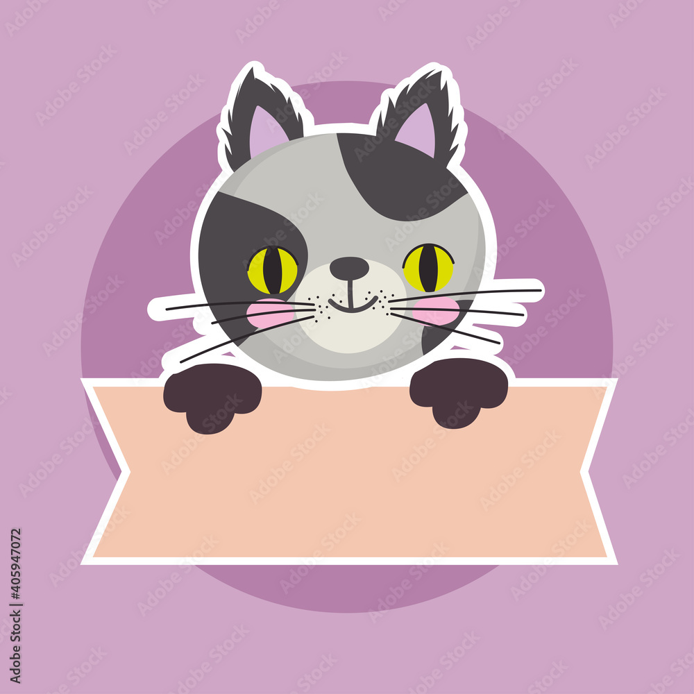Fototapeta premium cute spotted cat feline animal with banner, pet cartoon