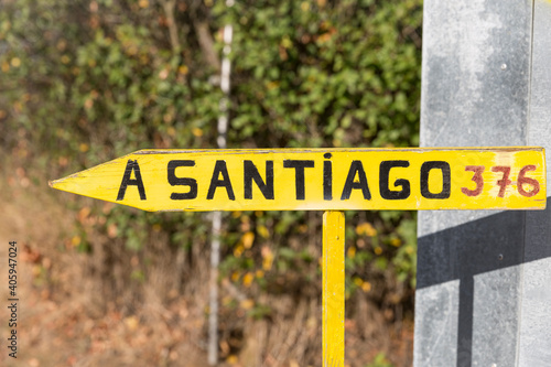 Way of Saint James signpost in Moratinos village showing the distance (376km) to Santiago de Compostela © Jorge Anastacio