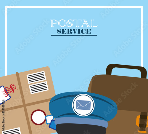 postal service, courier delivery cardboard box bag and cap