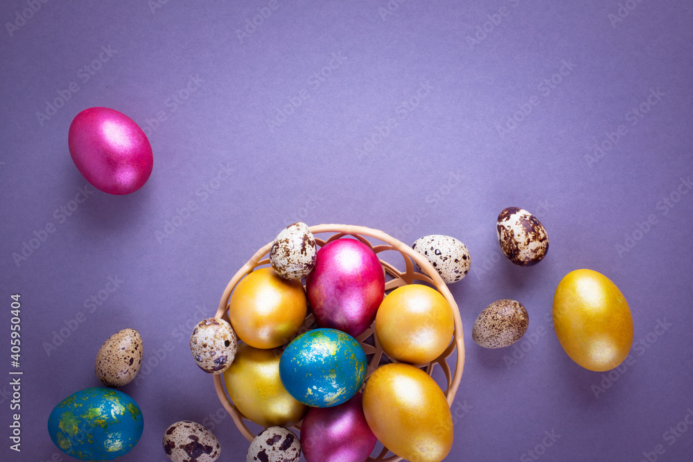 Bright colored eggs on a gray background. Easter theme, holiday. Happy easter card with copy space for text in minimalist easter style. Color of the year. Grey. Bright colored eggs on a gray background. Easter theme, holiday. Happy easter card with copy space for text in minimalist easter style. Color of the year. Grey.