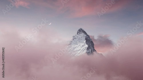 majestic Matterhorn mountain with crescent moon in the evening mood