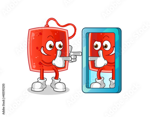 blood bag looking into mirror cartoon. cartoon mascot vector