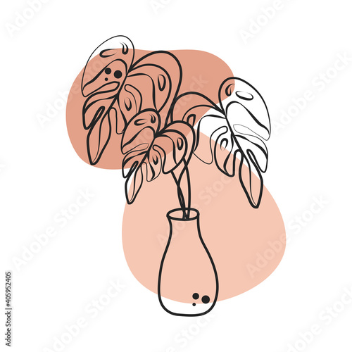 tropical leaves nature in vase decoration line art with colored spot