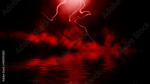Abstract realistic nature red lightning thunder background . Bright curved line on isolated texture overlays. Stock illustration. Reflection in water.