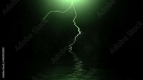 Abstract realistic nature green lightning thunder background . Bright curved line on isolated texture overlays. Stock illustration. Reflection in water.