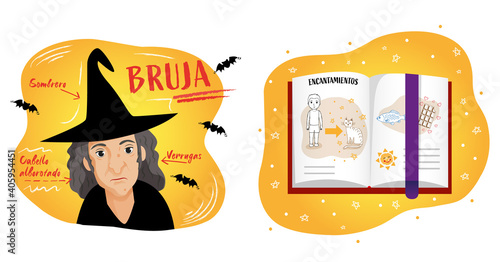 Ilustración bruja descripción, vector libro mágico de encantamientos y hechizos. Niño , gato y sol.