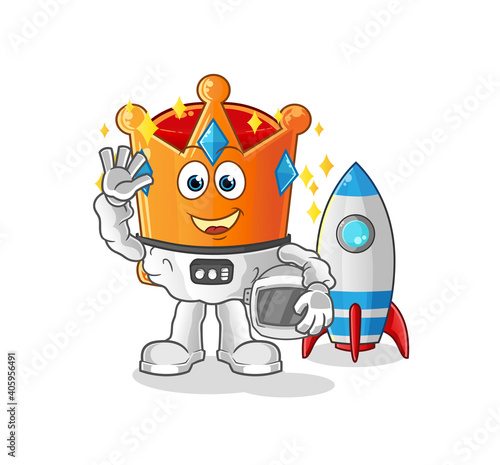 crown astronaut waving character. cartoon mascot vector