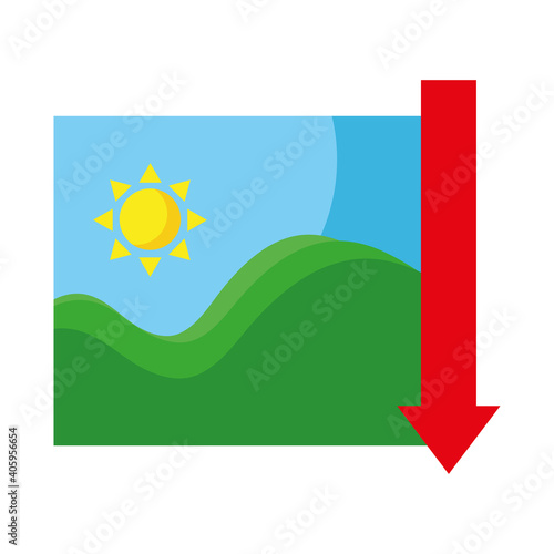 picture of sea waves and sun seascape with arrow down flat style icons vector illustration design