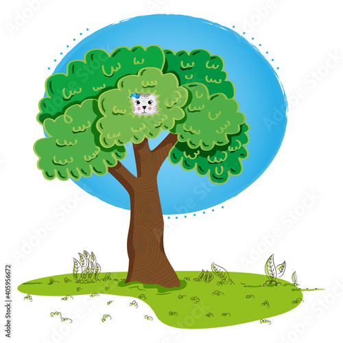Ilustración gatita escondida en las ramas de un árbol. vector césped y árbol textura.