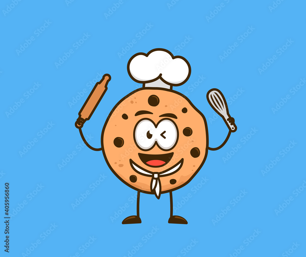 Cute cookies snack cartoon character as baker bakery chef holding whisk and rolling pin vector illustration graphic Cute cookies snack cartoon character as baker bakery chef holding whisk and rolling pin vector illustration graphic