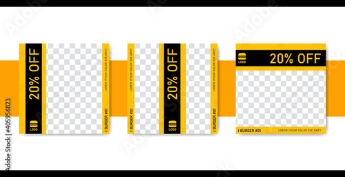 Instagram feed post promotion design template set for fast food or barbeque restaurant in bold black yellow style