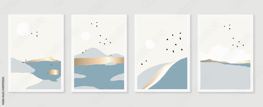 Mountain and landscape wall arts vector collection. Gold and Watercolor art with sun, moon, sky. Design for wall art home decoration, prints, digital and smart phone wallpaper, fabric and background