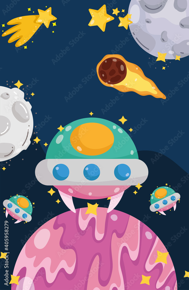 Naklejka premium space ufo planet moon comet shooting stars cosmos cartoon