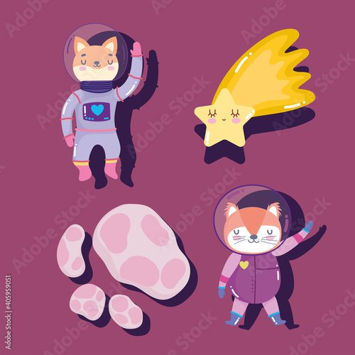 space astronaut fox cat star and comet adventure explore animal cartoon icons