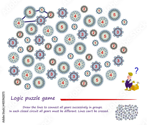Logic puzzle game. Draw the lines to connect all gears successively in groups. In each closed circuit they must be different. Lines can't be crossed. Brain teaser book. IQ test. Play online.