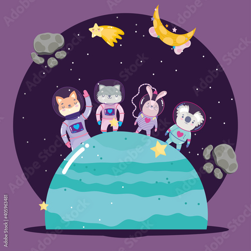 space animals in spacesuit on planet adventure explore cartoon