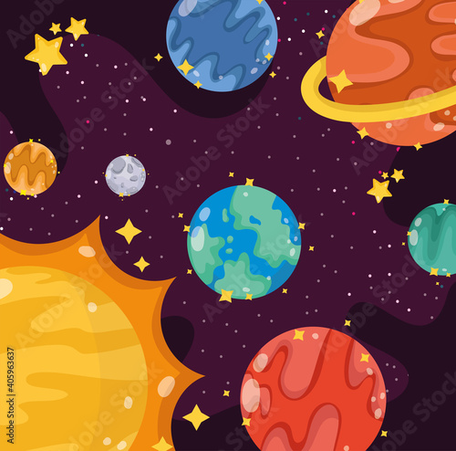 space cartoon solar system planets sun moon stars galaxy