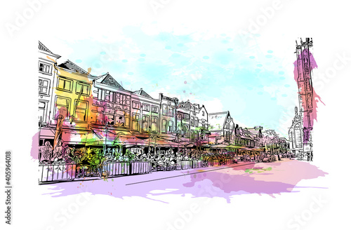Building view with landmark of Delft is the city in Netherlands. Watercolour splash with hand drawn sketch illustration in vector.