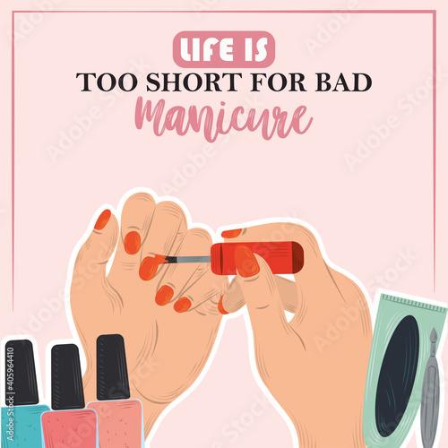 manicure female hands painting with red nail polish fashion style
