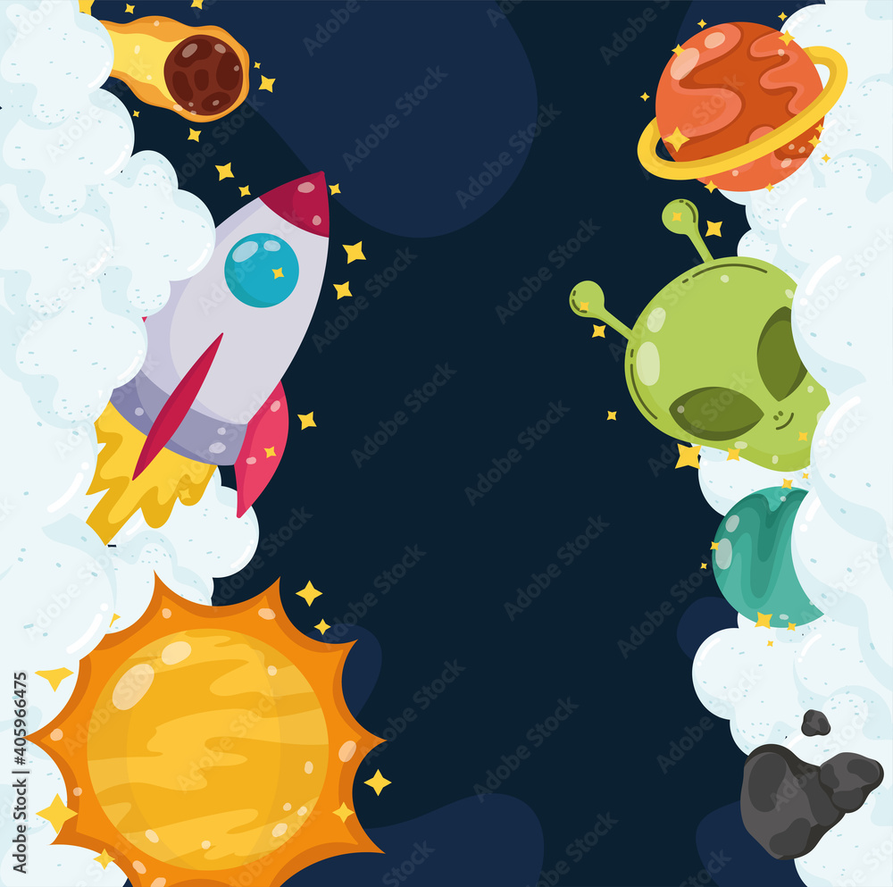 Fototapeta premium space alien rocket planet sun comet clouds universe cartoon