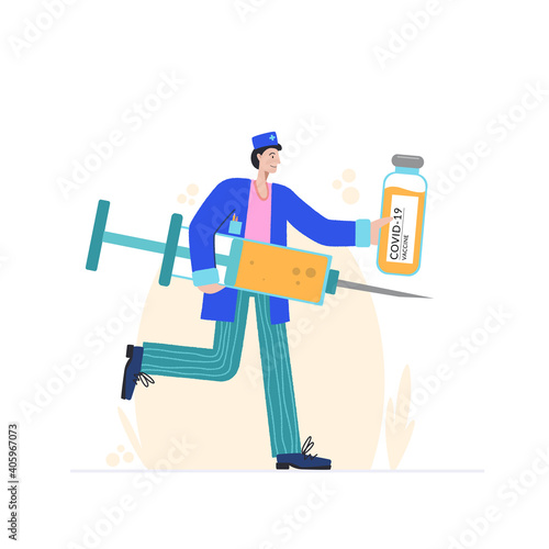 Vaccine against COVID-19 virus. Prevention injection, immunization. Coronavirus infection treatment. A nurse with a large syringe and a vaccine against the virus runs to the rescue.