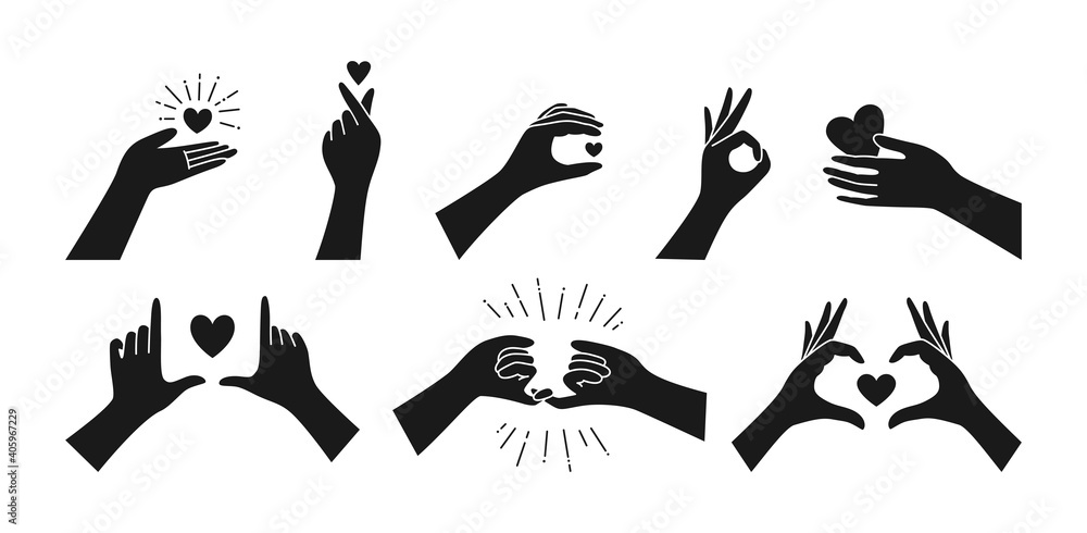 Valentine black silhouette icon set, hand holding heart. Finger love symbol, Hands gestures Korean love sign. Minimalist trend style. Design print greeting card, vector illustration isolated