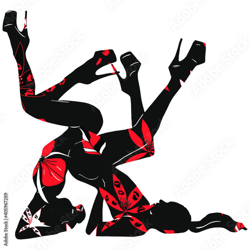Vector Illustration of a pair of young girls in high heels, black silhouette with abstract red flowers. Element, preparation for designers, logo, icon