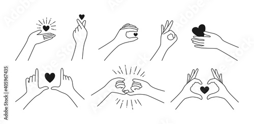 Valentine black line icon set, hand holding heart. Finger love symbol, Hands gestures Korean love sign. Woman hands minimalist trend style. Design print greeting cards, vector illustration isolated