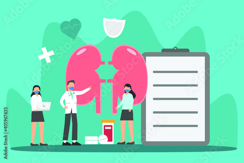 Doctor and nurses examining kedney 2D flat vector concept for banner, website, illustration, landing page, flyer, etc