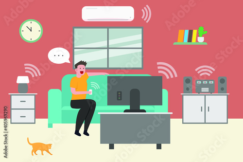 Young man connected to devices at home 2D flat vector concept for banner, website, illustration, landing page, flyer, etc