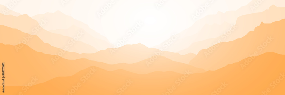 Fantasy on the theme of the morning landscape. Sunrise in the mountains, panoramic view, vector illustration