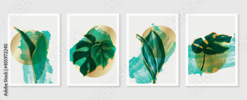 Botanical and gold abstract wall arts vector collection.  Golden and luxury pattern design with leaves line arts, Hand draw watercolor design for wall framed prints, canvas prints and poster. Vector 