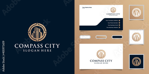 building logo and compass with gold color design template and business card