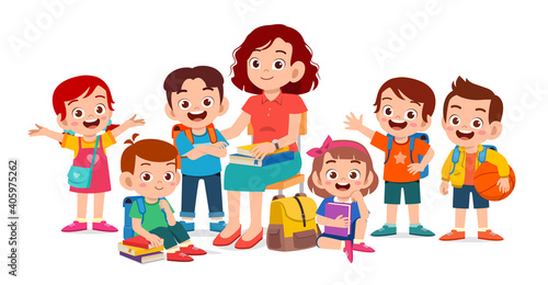 happy cute kids smile with teacher together