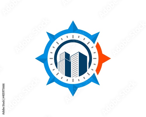 Modern compass with simple building inside