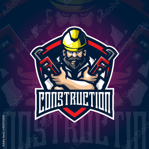 construction mascot logo design vector with concept style for badge, emblem and tshirt printing. construction illustration with stopcock in hand.