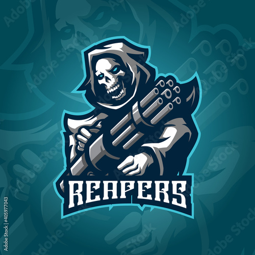 reaper mascot logo design vector with concept style for badge, emblem and tshirt printing. reaper illustration for esport team.