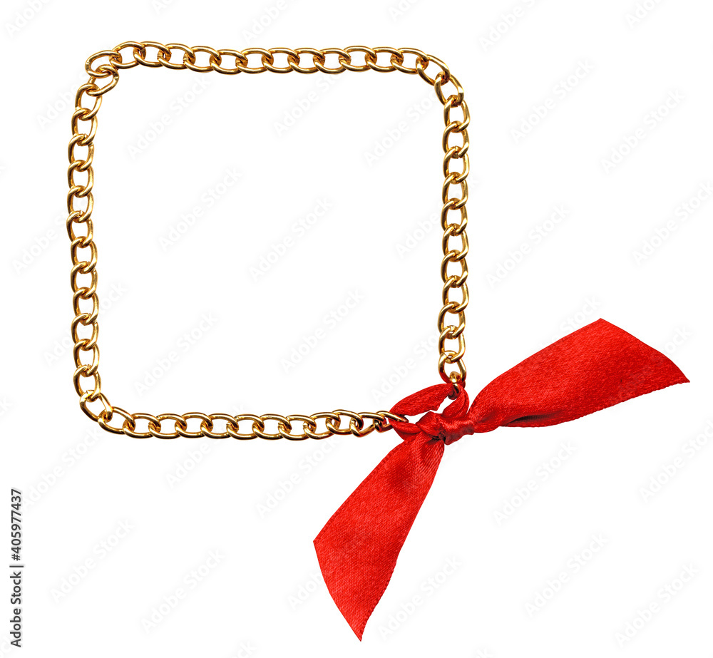 frame from gold chainlet with red ribbon isolated on white background. Accessories for sewing and scrapbooking decorations frame from gold chainlet with red ribbon isolated on white background. Accessories for sewing and scrapbooking decorations