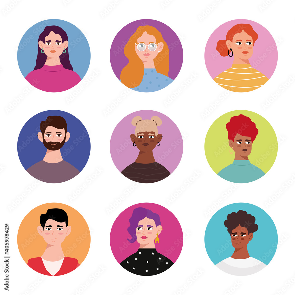 group of nine young persons avatars characters vector illustration design group of nine young persons avatars characters vector illustration design