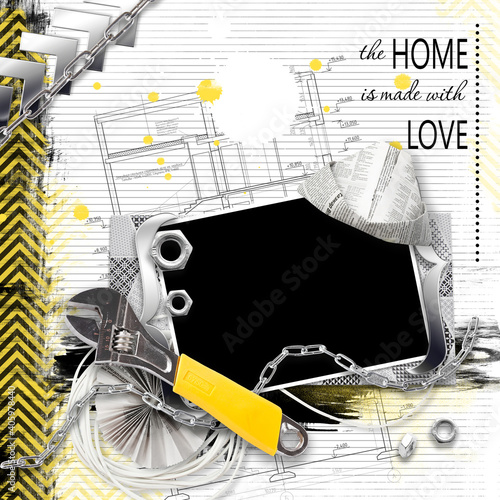 Decorative frame for photo for album on renovation or repair theme. Tools for gluing wallpapers and repair. Cheerful memories about renovation. DIY concept. 'Do it yourself' renovation of own home
