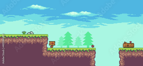 Pixel art arcade game scene with trees, trunk, board, stones and clouds 8bit background
