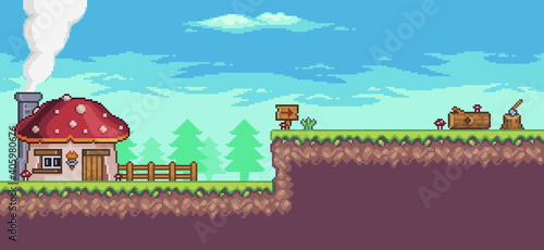 Pixel art arcade game scene with house, trees, fence and clouds 8bit background
