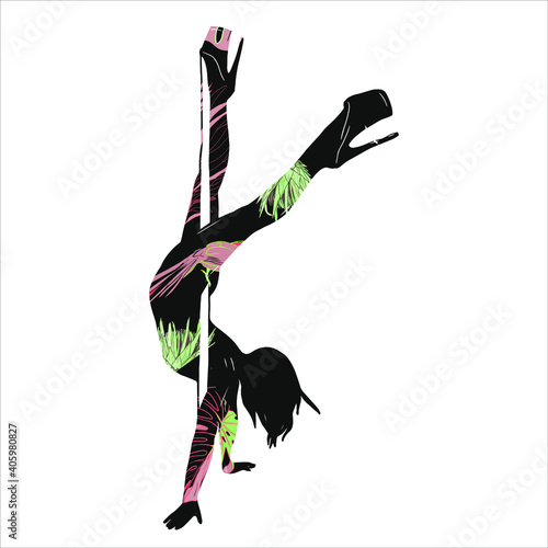 Vector illustration of a sports girl on a pole painted with abstract green and pink flowers isolated on a white background. Pole dancing silhouette blank for designers, luxury logo, icon, pole dance