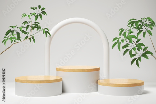 minimal white podium display for cosmetic product presentation, pedestal or platform background photo