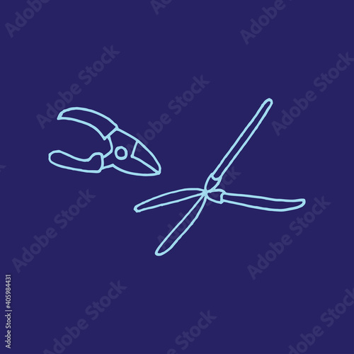 pruners and hedge shears vector illustration isolated on dar blue background. gardening tools. gardening time. hand drawn vector. doodle for kids, education, wallpaper, cover, poster, advertising.