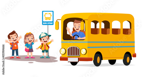happy cute kids wait school bus with friends